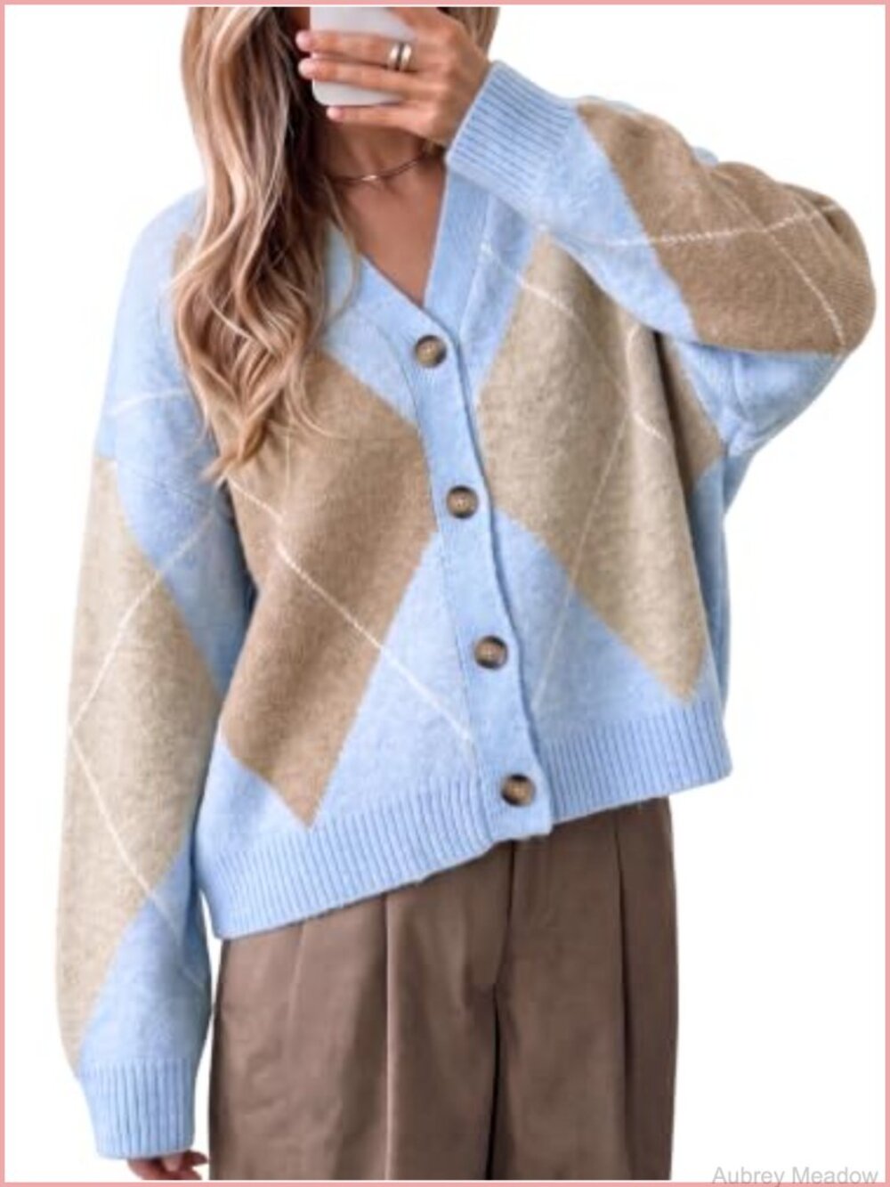 Plaid Color Block Cardigan Knit Sweater Long Sleeve V-Neck Oversized Cozy Retro